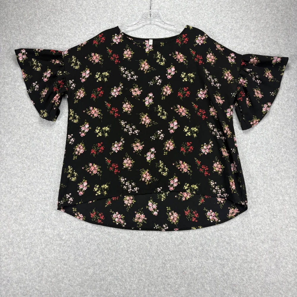 Ralph Lauren Floral Blouse Womens S Black Pink Ruffle Sleeve Flutter Boho Summer
